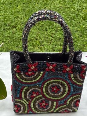Exquisite hand Beaded Circular Pattern Tote  - Black/Red Accent, from Canada